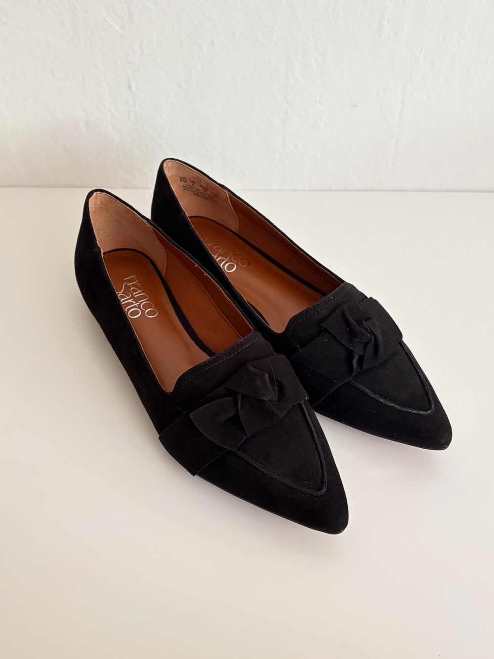 Franco Sarto Black Suede Pointed-Toe Loafers with Knot Detail